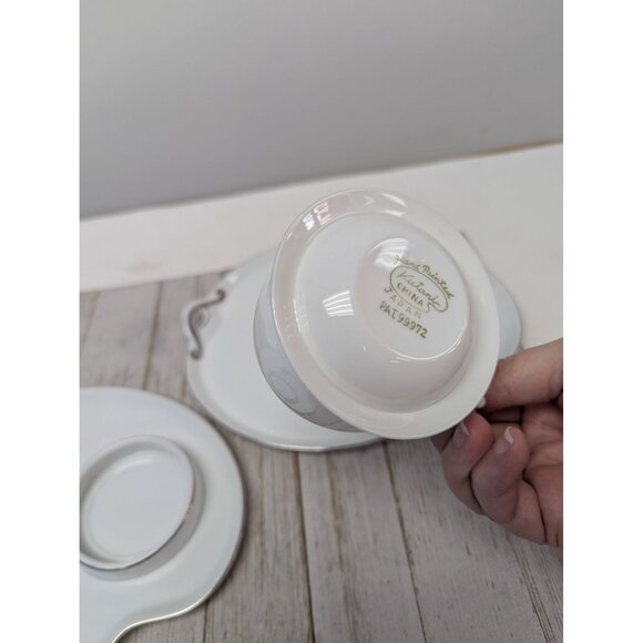 Vintage Kutani Set 2 Snack Plates with Cups White & Silver Gray Bursts Japan - Picture 10 of 13